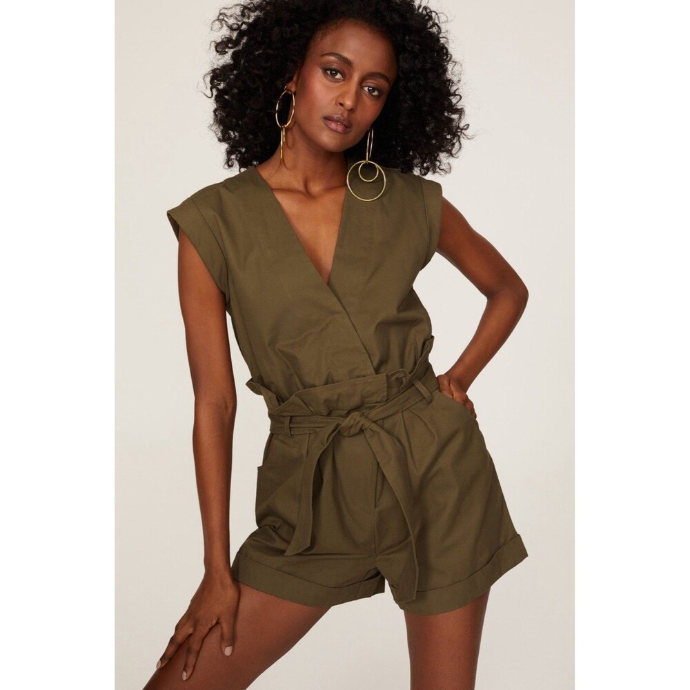 MARISSA WEBB COLLECTIVE Romper Size 14 Olive Canvas V-Neck Cotton Front Zip